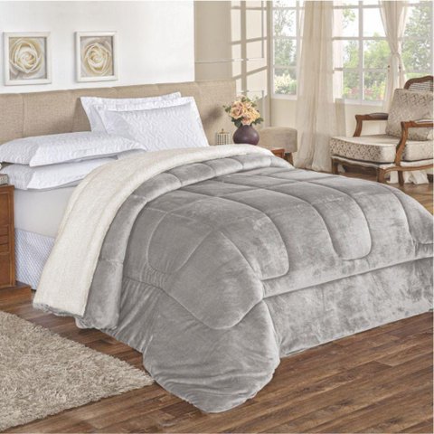 Edredom Bariloche King Dupla Face Sherpa Toque Lã Carneiro - Cinza