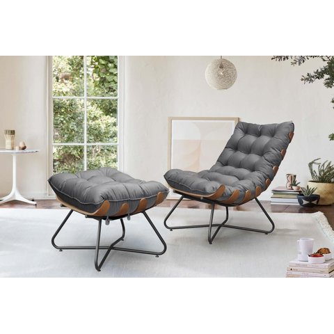 Poltrona Costela Decorativa com Puff Madeira Eva Preto - Cinza