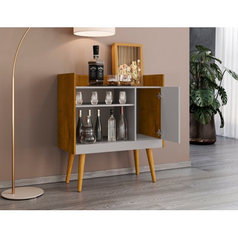 Aparador Buffet Bechara CAFÉ2 Multiuso com Porta e Prateleira Pés Palito Decoração Bar Nat/Cinza