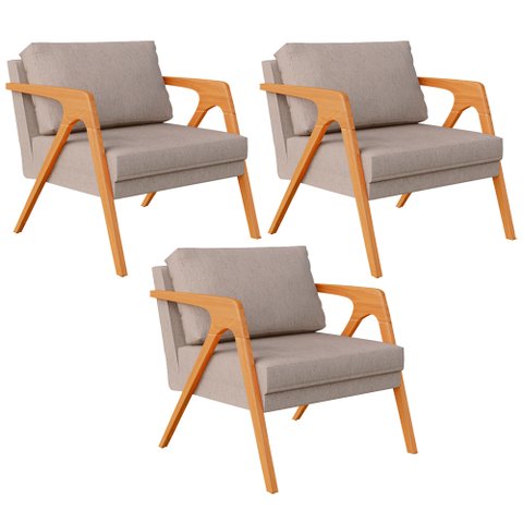 Kit 3 Poltronas Decorativas para Sala Estar Pietra Estrutura de Madeira L02 Linho Bege - Lyam