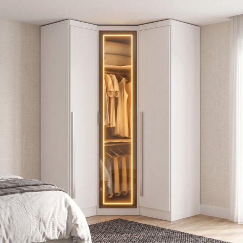 Guarda-Roupa Modulado de Canto Oblíquo Reflecta com LED 3 Portas 100% MDF Cairo