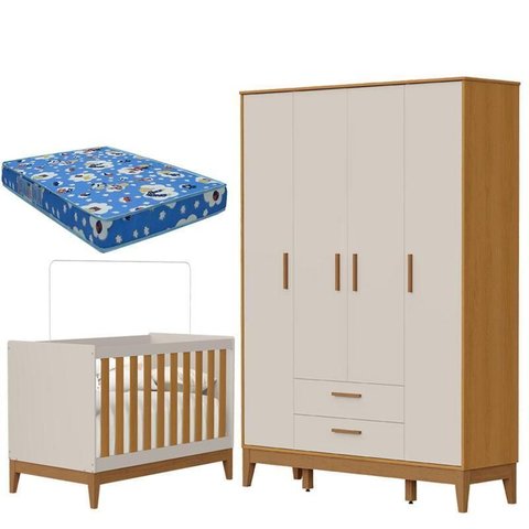 Guarda Roupa Infantil 4 Portas com Berço Americano Flip Areia Acetinado Savana com Colchão Ortobom