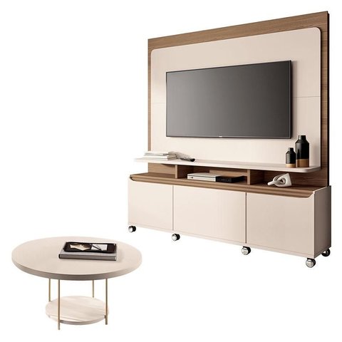 Estante Home Theater Quantum Off White Castanho e Mesa de Centro Sky Off White – Hb Móveis