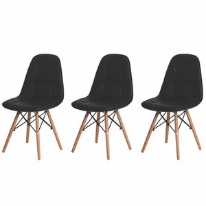 Conjunto Kit 3 Cadeiras Estofadas Charles Eames Botonê Preto com Base Madeira