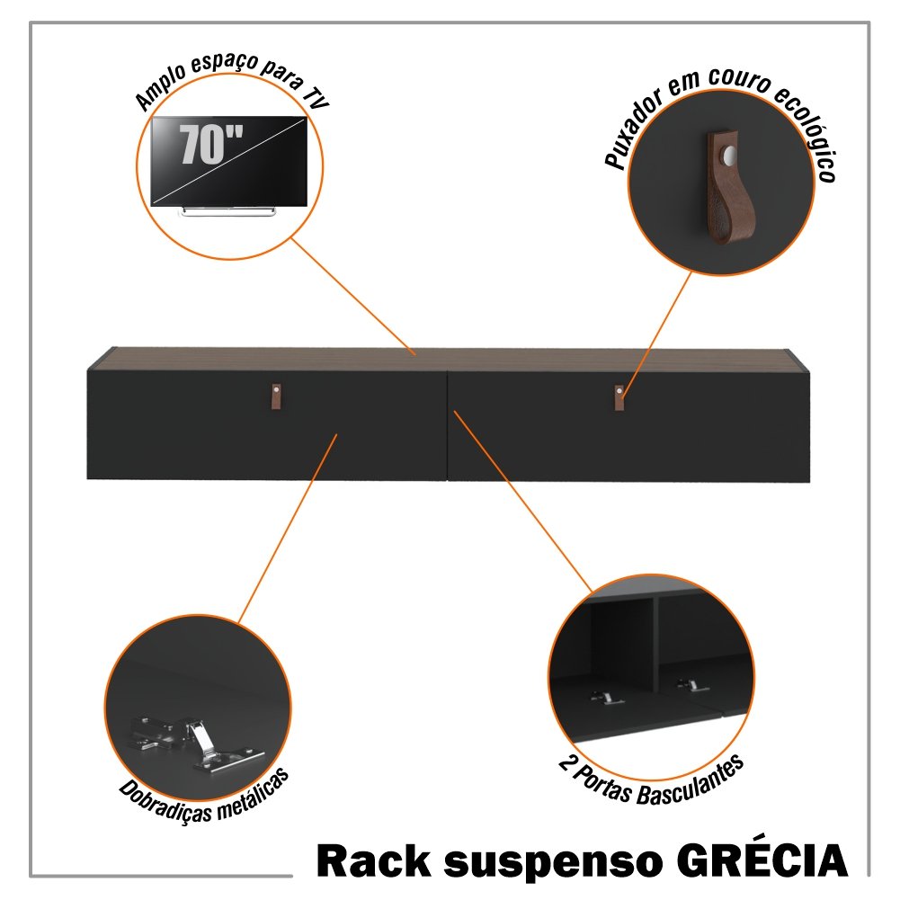 Rack Suspenso para Tv até 70 Polegadas 2 Portas Grécia 180cm - 3