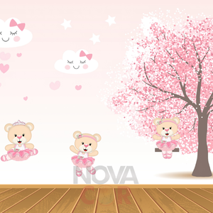 Papel de Parede Infantil Árvore Rosa Ursinho 1m²