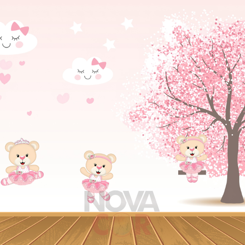 Papel de Parede Infantil Árvore Rosa Ursinho 1m²