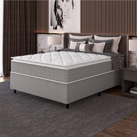 Cama Box Casal Colchão Molas Ensacadas Pillow Top Perfect 138x188x71cm Cinza/branco Umaflex