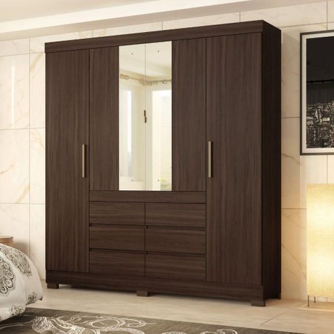 Guarda Roupa Casal Íris 4 Portas 6 Gavetas MDP com Espelho Cafe Touch Demóbile