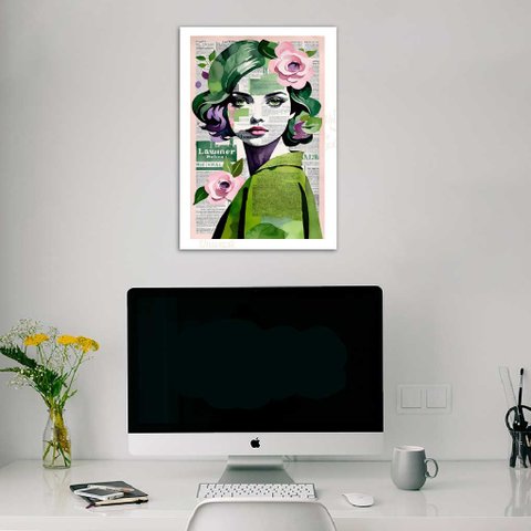 Quadro Arte Menina Mulher - Flores 45x34cm:moldura Branca
