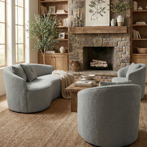 Kit Sofá Orgânico Curvo Feijão + 02 Poltronas Sala Estúdio Amore Bouclê Cinza - Montanaris Decor