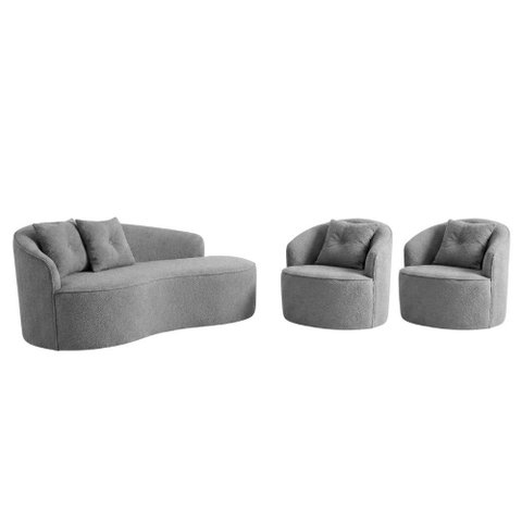 Kit Sofá Orgânico Curvo Feijão + 02 Poltronas Sala Estúdio Amore Bouclê Cinza - Vimont Moveis
