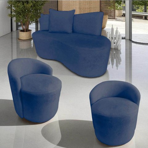 Kit Namoradeira + 2 Poltronas Yara Orgânica Suede Azul Marinho