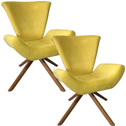Kit 2 Poltronas Elegance Base Giratória Ferro e Madeira Suede Amarelo