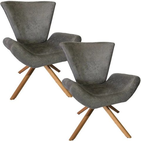 Kit 2 Poltronas Elegance Base Giratória Ferro e Madeira Suede Cinza