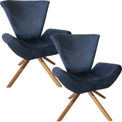 Kit 2 Poltronas Elegance Base Giratória Ferro e Madeira Suede Azul Marinho