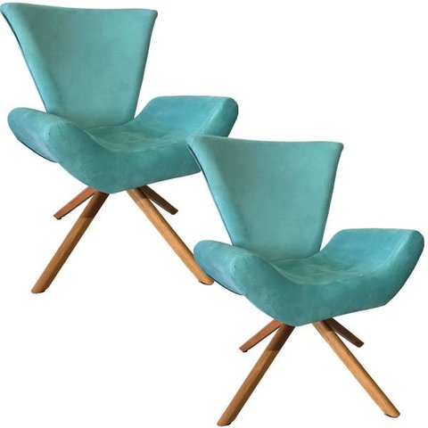 Kit 2 Poltronas Elegance Base Giratória Ferro e Madeira Suede Tiffany