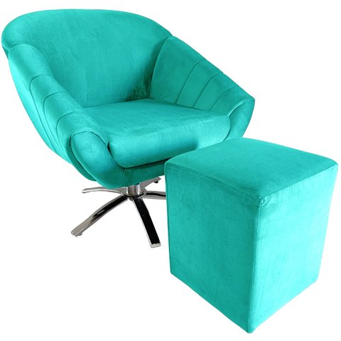 Kit Poltrona Giovana Giratória Cromado, Puff Quadrado e Almofadas em Sued Premium: Tiffany
