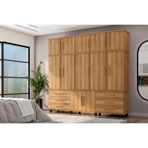 Roupeiro / Guarda Roupas Pris Triplex 6 Portas e 4 Gavetas com Nichos para Sapatos Cor Nature Pz