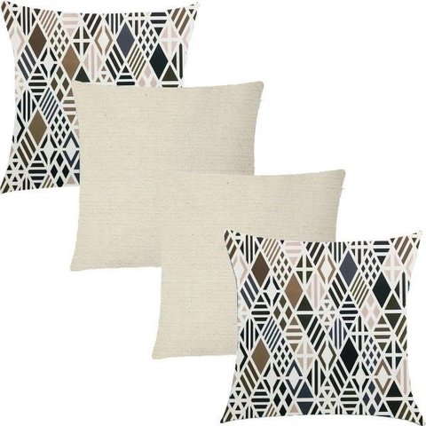 Kit 4 Capas de Almofadas Composê Geométrico Bege e Linho 45x45cm