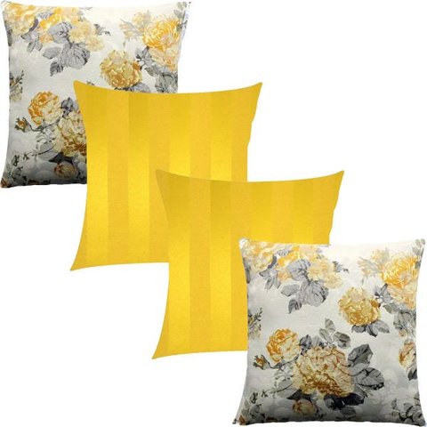Kit 4 Capas de Almofadas Composê Floral com Listrado Amarelo 45x45cm