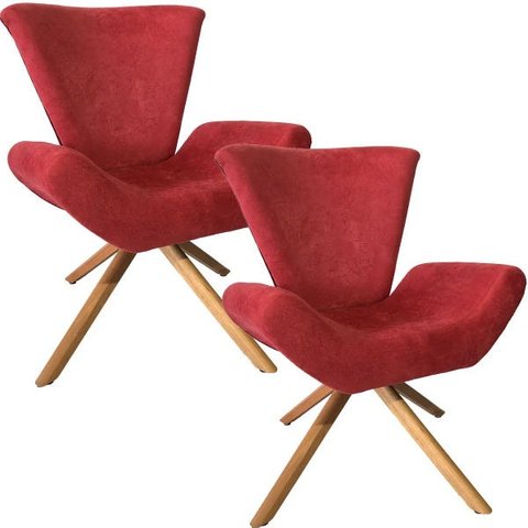Kit 2 Poltronas Elegance Base Giratória Ferro e Madeira Suede Vermelho