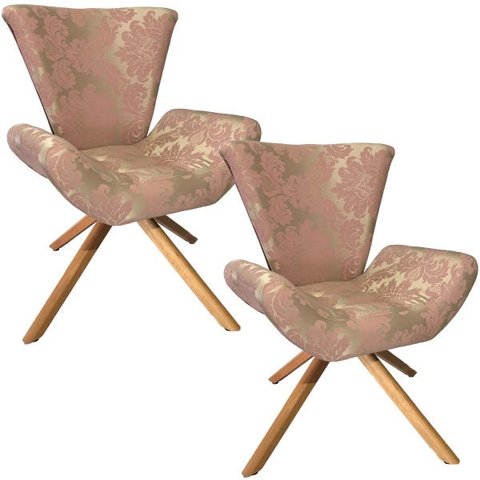 Kit 2 Poltronas Elegance Base Giratória Ferro e Madeira Jacquard Rosa Com Dourado