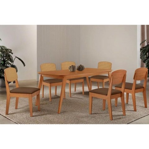 Conjunto: Mesa Sala Jantar Havana Tampo Curvo 180cm+6 Cadeiras Havana Naturale - Suede Marrom -