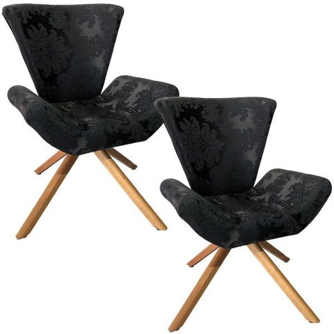Kit 2 Poltronas Elegance Base Giratória Ferro e Madeira Jacquard Preto