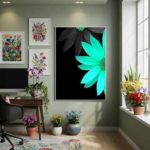 Quadro Decorativo Flor Verde Artificial 70x50cm Mold Preta