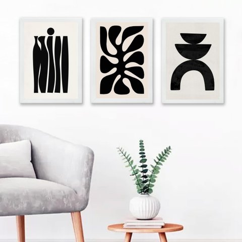 Kit 3 Quadros Abstratos Minimalistas - Preto 45x34cm:moldura Preta