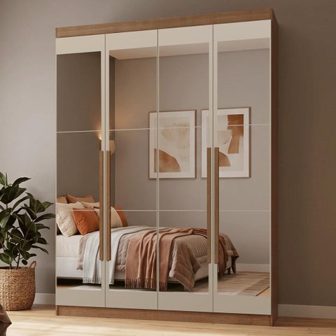 Guarda-Roupa Solteiro 4 Portas Batentes com Espelhos Rustic/Crema/Rustic Netuno Madesa