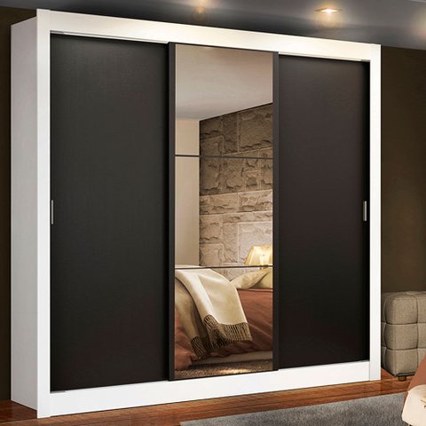 Guarda-Roupa Casal Madesa Lyon 3 Portas de Correr com Espelho 2 Gavetas Branco/Preto Cor:Branco/Pret