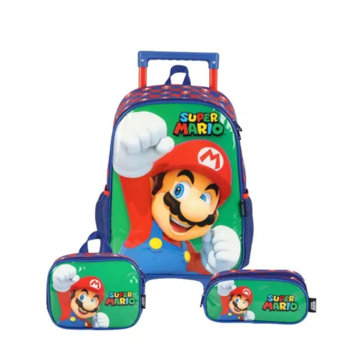 Kit Mochila Rodinha Lancheira Estojo Duplo Super Mario Verde Luxcel