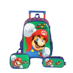 Kit Mochila Rodinha Lancheira Estojo Duplo Super Mario Verde Luxcel - 1