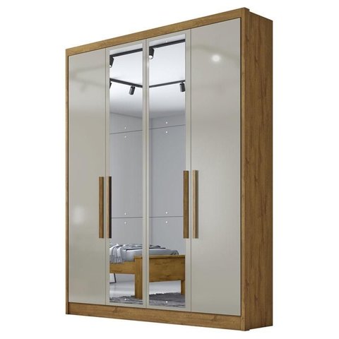 Guarda Roupa Solteiro Sevilha 4 Portas 3 Gavetas Cumaru 25 Fendi com Espelho – Novo Horizonte