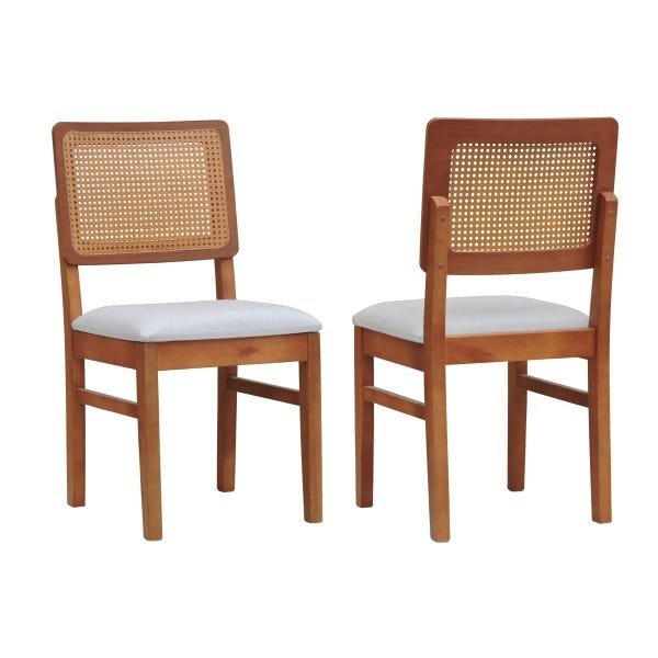 Kit 2 Cadeiras Madeira Maciça Assento Estofado Encosto Telinha Palha Sintetica Lyon - Amêndoa/Natura