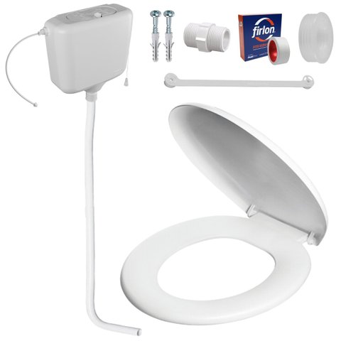Assento Sanitário Almofadado +Caixa de Descarga Elevada 9L Branca + Tubo de Descida + Espude +Engate
