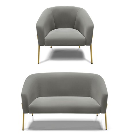Sofá Namoradeira e Poltrona Pé de Ferro Dourado Stella Suede Grafite D03 - D'Rossi
