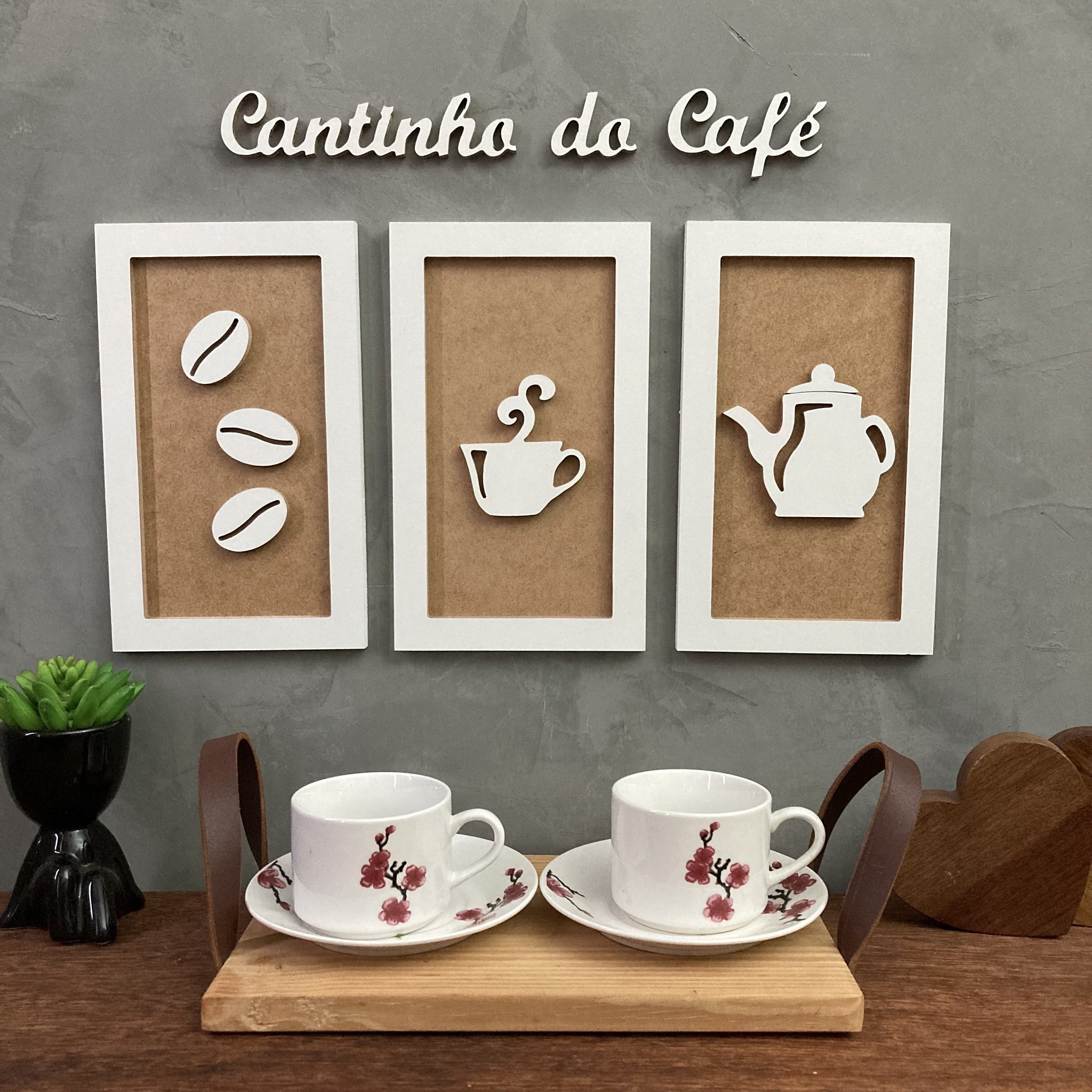 Kit 3 Quadros decorativos Cantinho do Café + Frase relevo 3D:Branco e Rústico