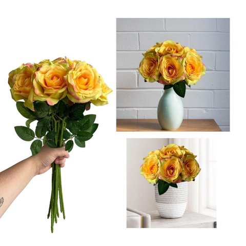 7 Rosas Artificiais Cor Creme Toque Real para Decoração Moderna e Chic