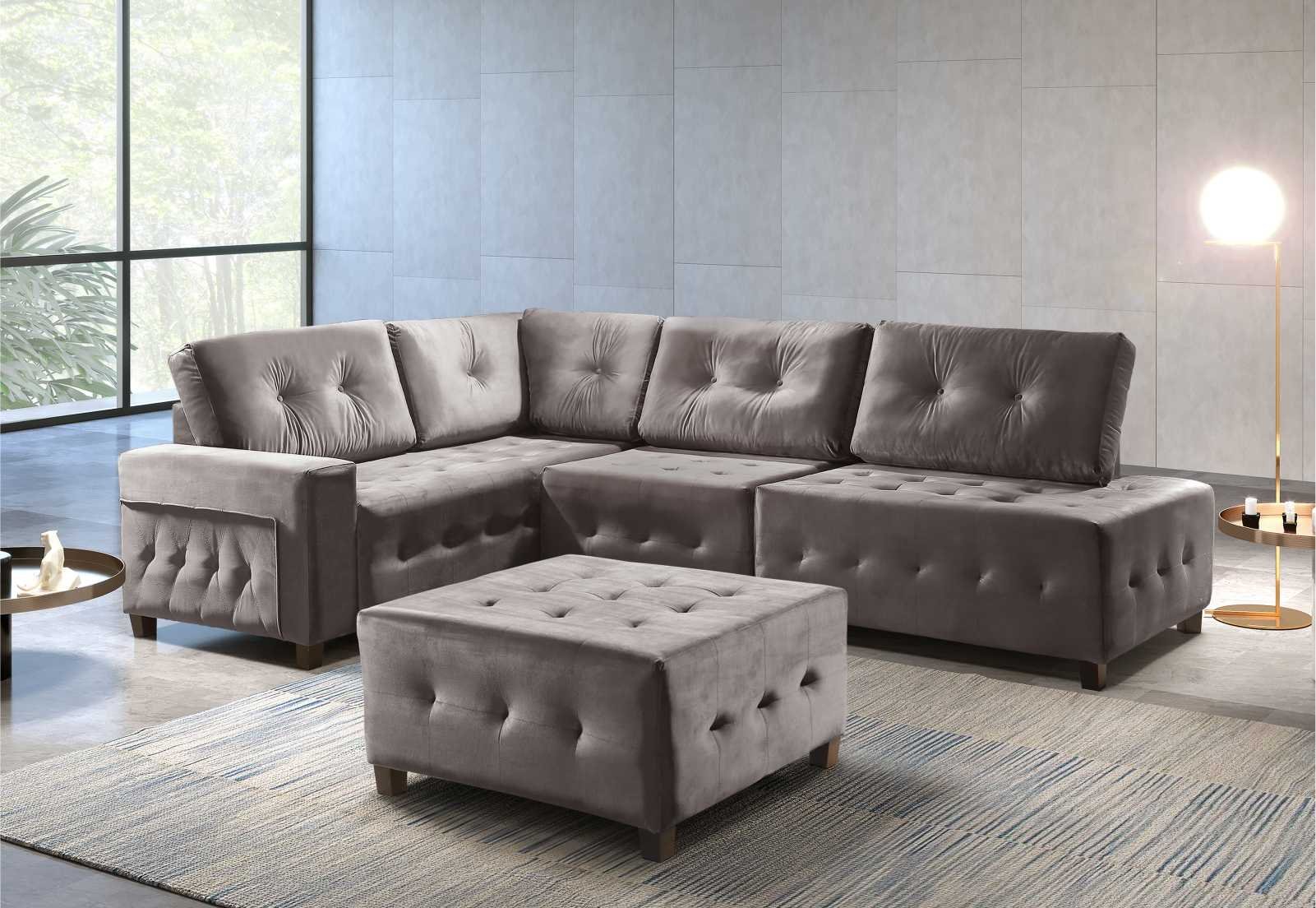 Sofá de Canto 5 Lugares Chaise e Puff Gavêa Villa Mobi Veludo Avelã ...