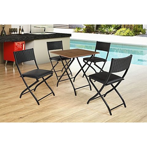 Jogo Mesa Imbuia Dobravel C/ 4 Cadeiras Dobravel Preto