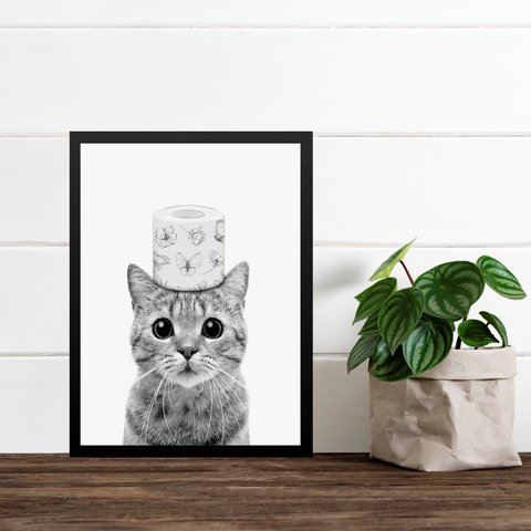 Quadro Banheiro Gatinho Papel Higiênico 24x18cm - com Vidro:moldura Branca