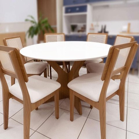 Conjunto Mesa de Jantar Mesa + 6 Cadeiras 6 Lugares Tampo MDF Base Pirâmide Amadeirado 135cm Dalla