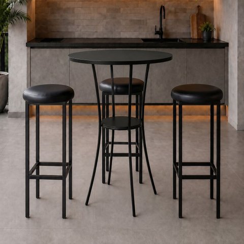 Conjunto Mesa Alta Bistrô Porto com 3 Banquetas Alta Kassel Cor Preto - Kmj