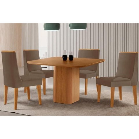 Conjunto: Mesa Sala Jantar Maldivas Tampo Curvo 90cm+4 Cadeiras Dakota Madeira Naturale - Capuccino/
