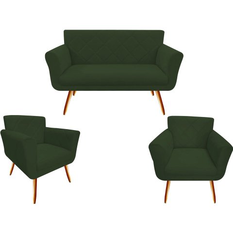 Kit Namoradeira + 2 Poltronas Decorativa Sabrina Suede Verde Pés Madeira Ms Decor