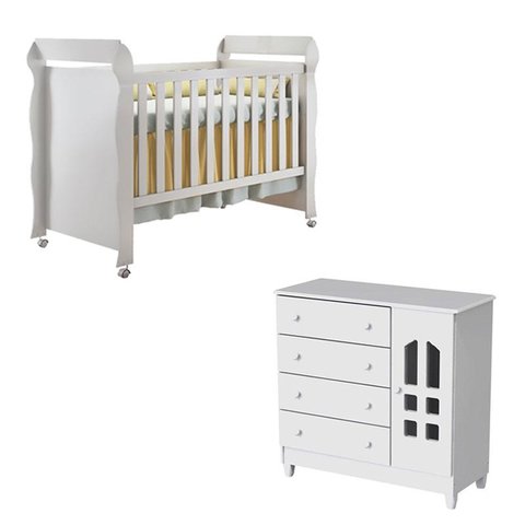 Berço Americano Mirelle e Cômoda Infantil Selena Branco Brilho - Carolina
