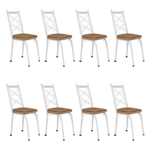 Kit 8 Cadeiras de Cozinha Delaware Estampado Rattan Bege Pés de Ferro Branco